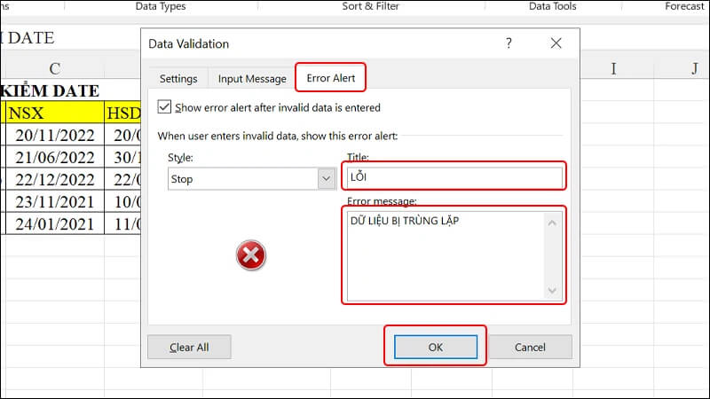 cách tạo thông báo nhập trùng dữ liệu trong Excel