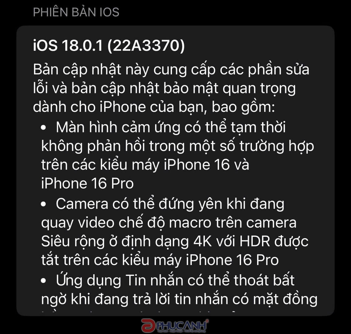 Thông tin về iOS 18.0.1