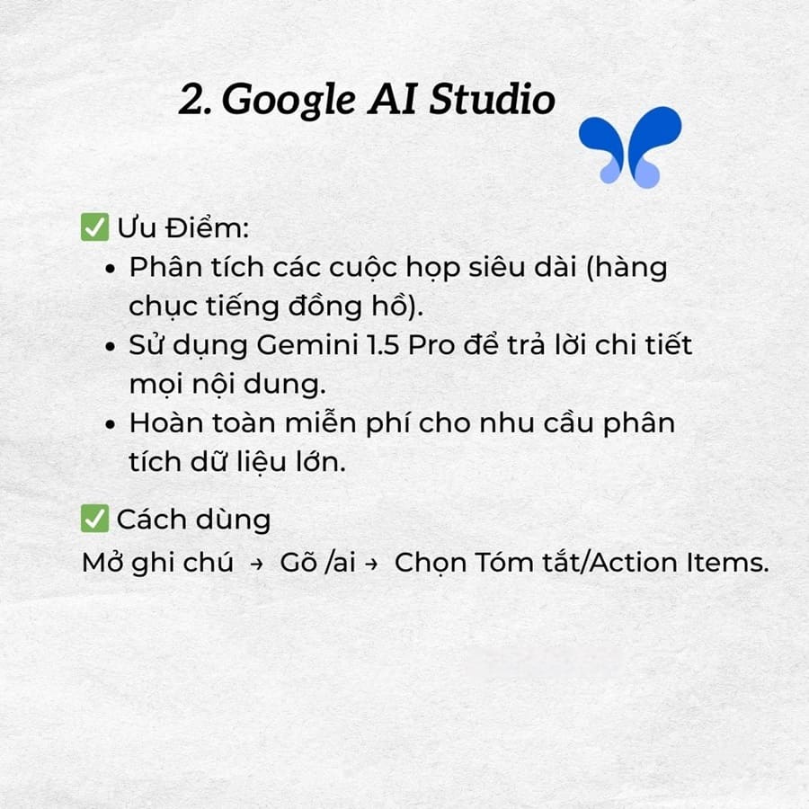 AI ghi âm cuộc họp, AI chép lời, AI tóm tắt họp, Google AI Studio, ghi âm cuộc gọi, trợ lý họp thông minh  TOP 3 AI ghi âm - chép lời - tóm tắt cuộc họp thần tốc