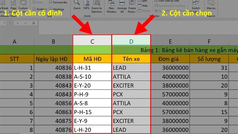 Cố định nhiều cột trong Excel