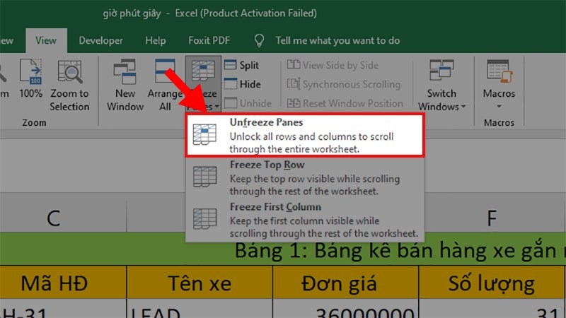 Cách bỏ cố định cột trong Excel