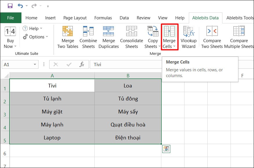 Sử dụng gộp ô bằng Merge Cells for Excel 2