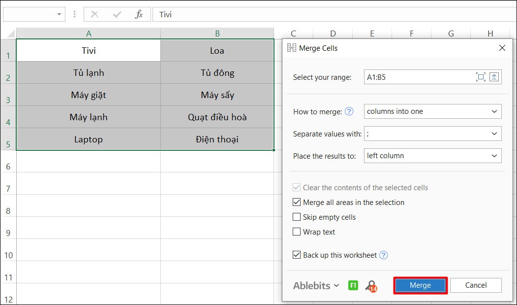 Sử dụng gộp ô bằng Merge Cells for Excel 3