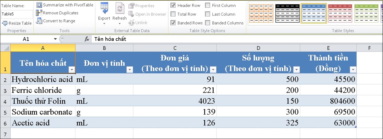 Tạo bảng bằng Insert Table trong Excel
