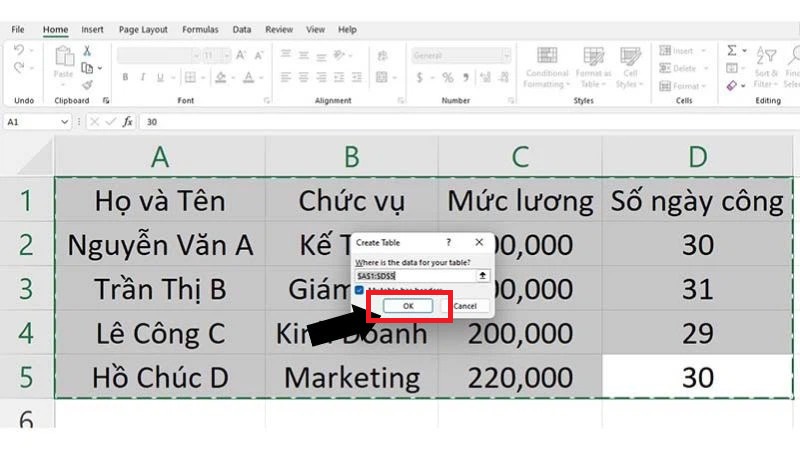 Tạo bảng bằng Format as Table trong Excel
