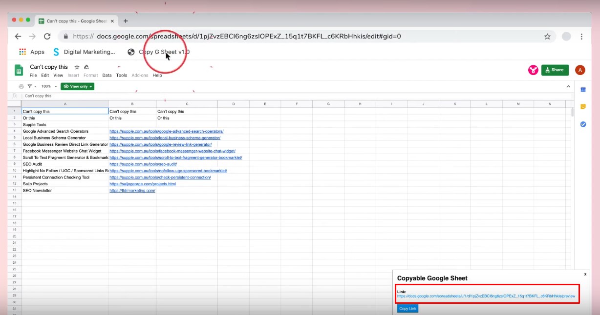 cách sao chép nội dung trong file Google Sheet bị khóa