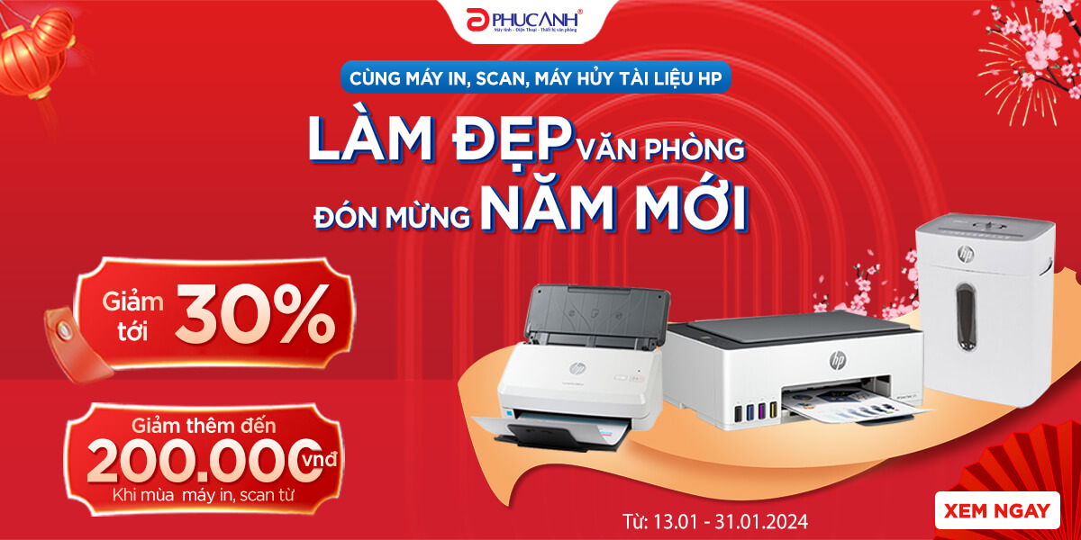 máy in, scan, máy hủy tài liệu HP làm đẹp văn phòng, đón mừng năm mới