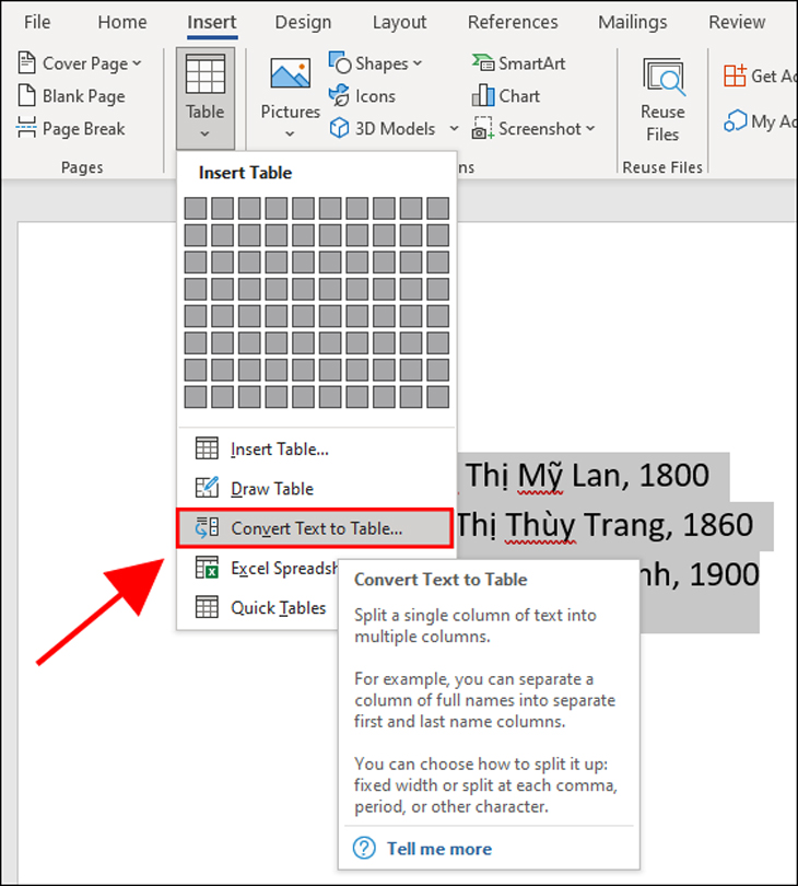 Hướng dẫn chuyển văn bản vào bảng trong Word