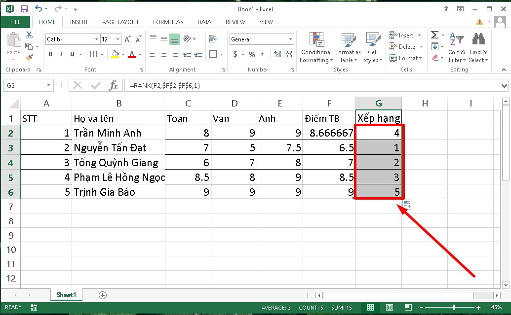 Công thức Hàm RANK để xếp hạng trong Excel thứ tự từ thấp đến cao