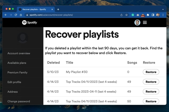 vô tình xóa danh sách phát Spotify