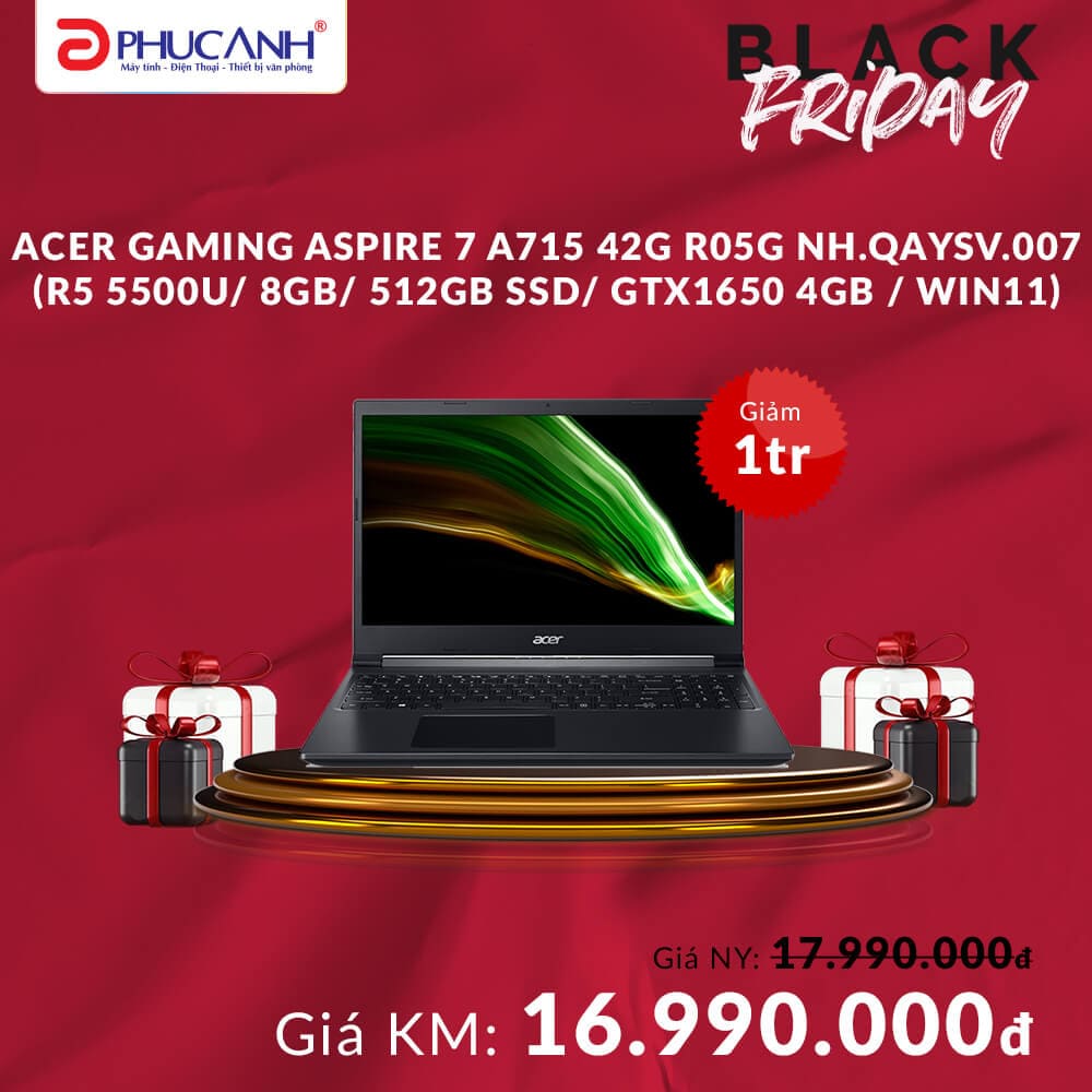 Máy tính xách tay Acer Gaming Aspire 7 A715 42G R05G NH.QAYSV.007 (Ryzen 5 5500U/ 8Gb/ 512Gb SSD/ 15.6