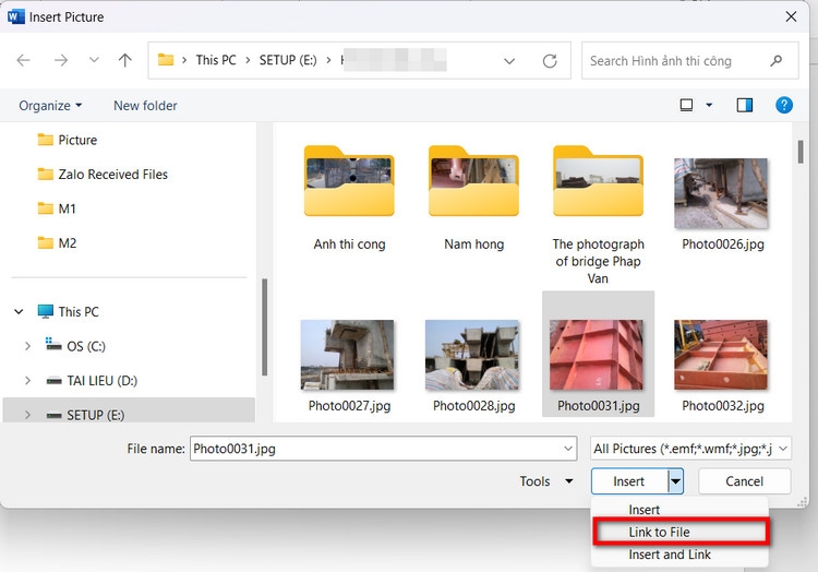 Chèn ảnh vào Word bằng tùy chọn Link to File