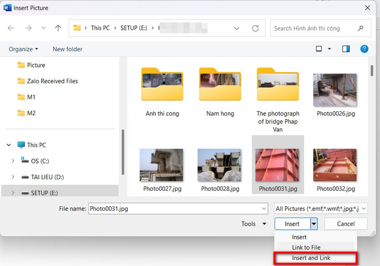 Cách chèn ảnh vào Word bằng tùy chọn Insert and Link