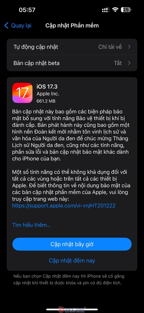 Dung lượng và mã bản dựng của iOS 17.3