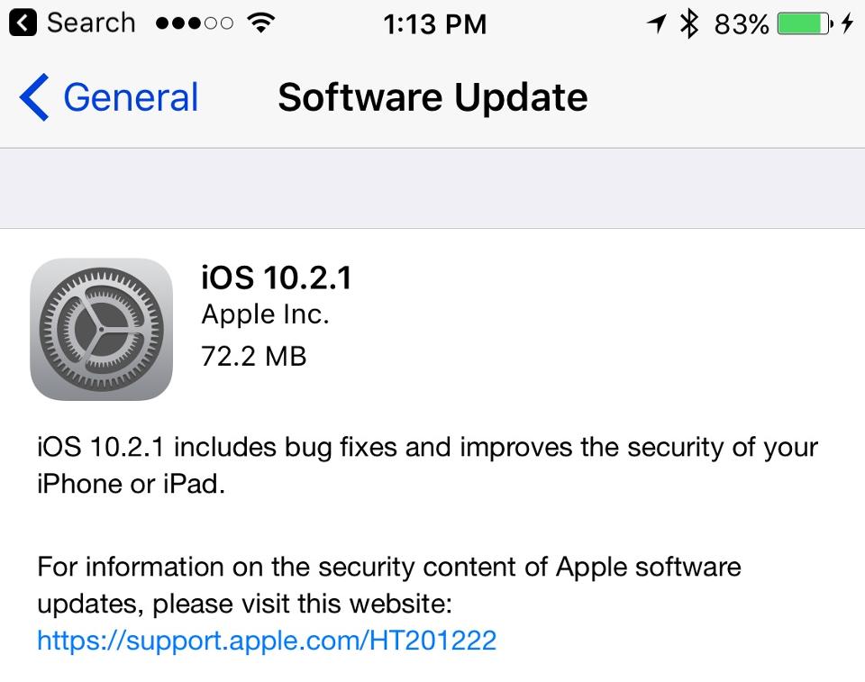 Đã có phiên bản iOS 10.2.1 và lỗi hao pin đã được khắc phục