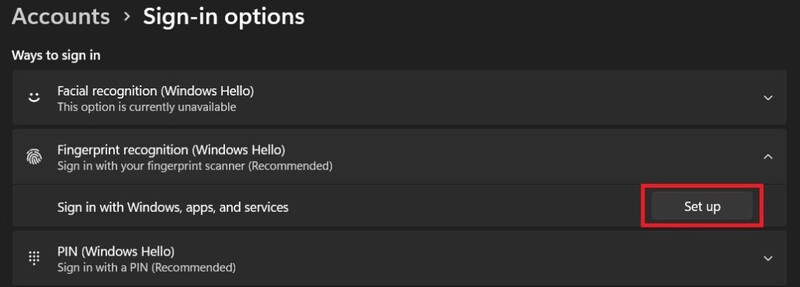 Thiết lập Windows Hello mở khoá bằng vân tay