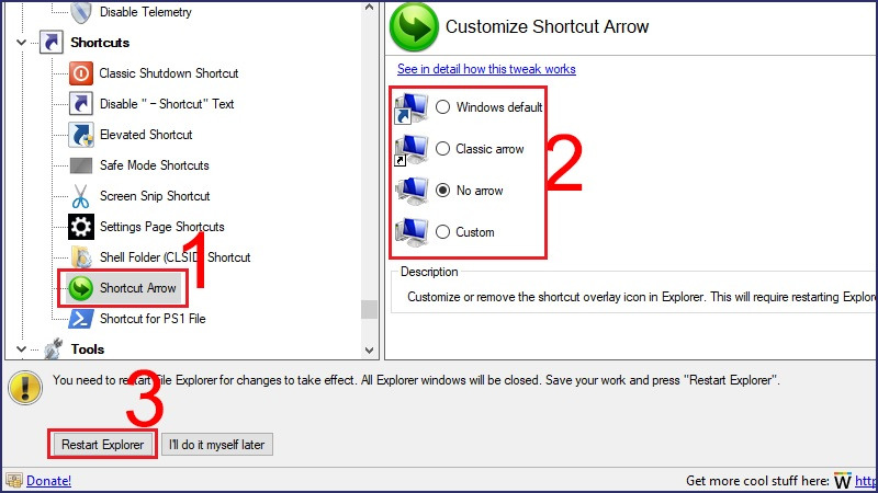 chỉnh sửa mũi tên shortcut bằng phần mềm Winaero Tweaker